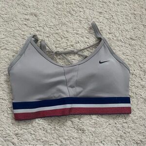 Nike Gray, Red, White, and Blue Sports Bra with Compression Fit